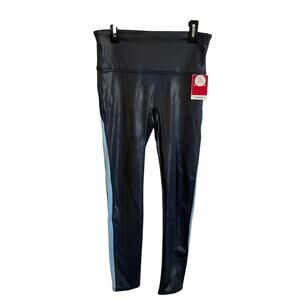 SPANX Medium NEW 7/8 Length Faux Leather Cool Navy Track Stripe Leggings